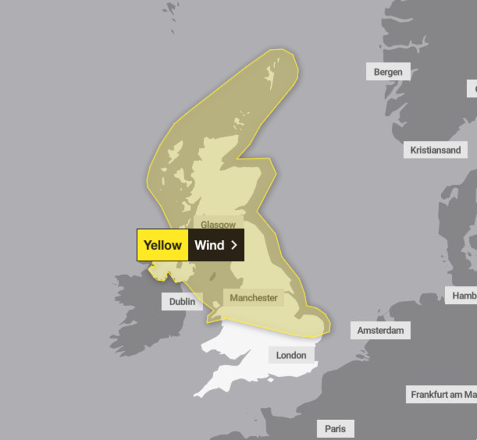 A yellow wind warning stretching from Norfolk to the northern-most points of Scotland was issued for Thursday (Met office)