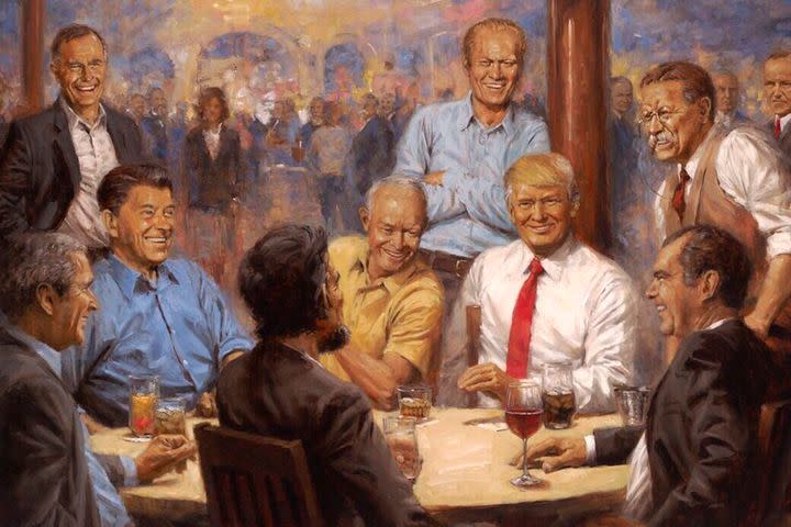 'El club republicano', cuadro de Andy Thomas en el que se muestra a nueve presidentes republicanos que se reúnen para beber y charlar, entre ellos Donald Trump (quien, por cierto, tiene colgada esa pintura en una pared de la Casa Blanca). (Archivo Yahoo)