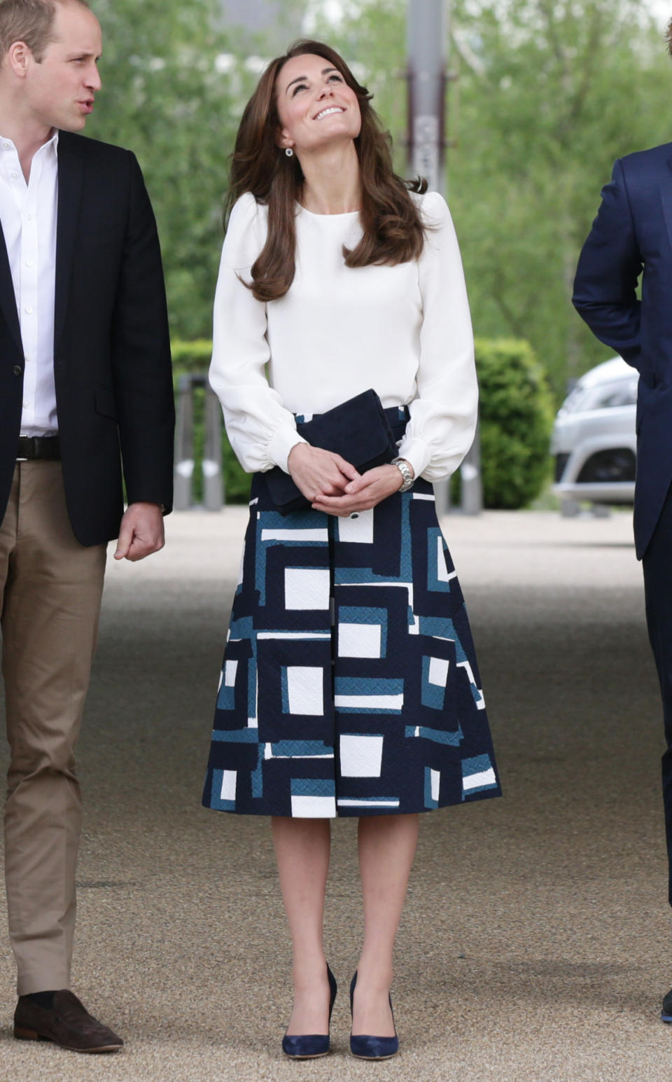 <p>Kate’s visit to London’s Olympic Park to launch a mental health campaign featured a printed calf-length skirt by Banana Republic along with a white silk blouse and Rupert Sanderson pumps.</p><p><i>[Photo: PA]</i></p>