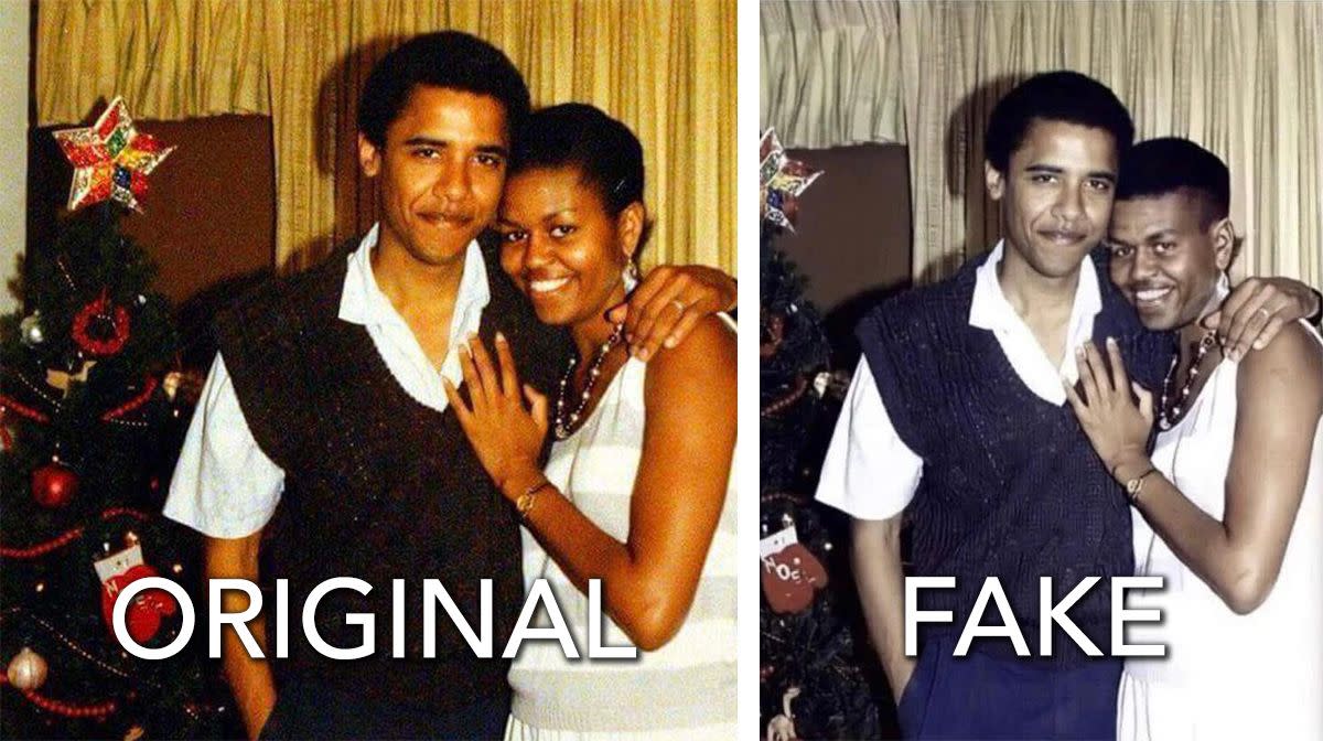 This picture of Barack and Michelle Obama was doctored to give Michelle male features and pushed the debunked conspiracy theory that her name is Michael. 