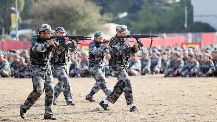 Freshmen attend a military training at Nantong Vocational University on Nov. 3, 2021 in Nantong, Jiangsu Province of China. <span class="copyright">Xu Peiqin/VCG via Getty Images</span>