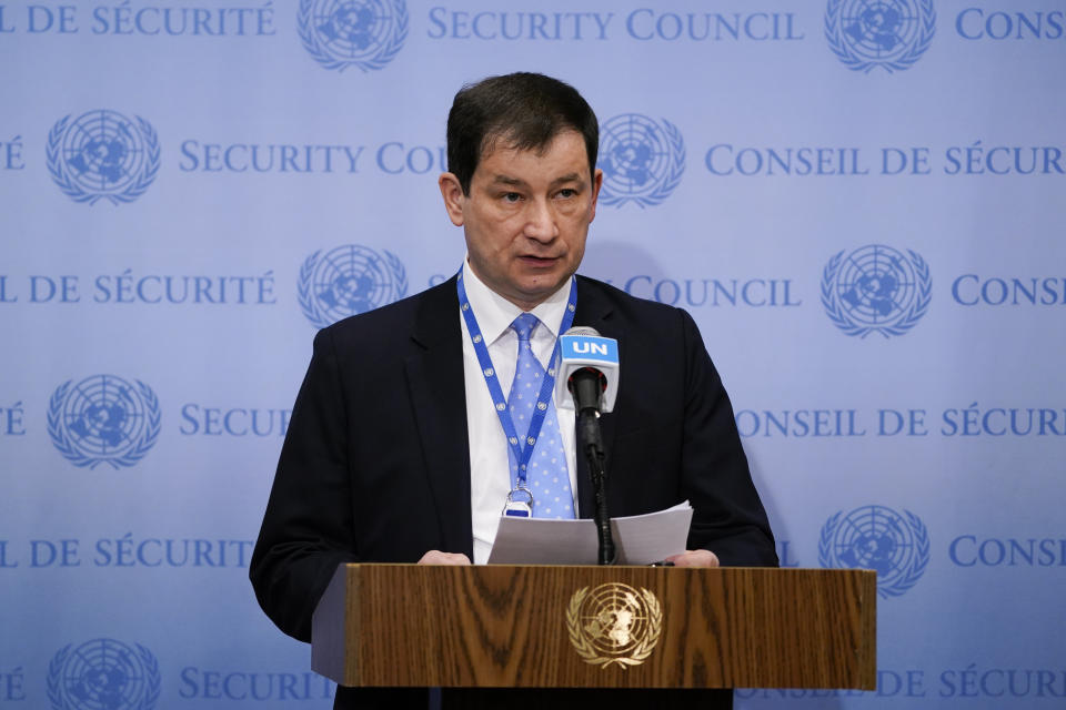 Dmitry Polyanskiy, First Deputy Permanent Representative of the Russian Federation to the United Nations, speaks to members of the media before a meeting of the United Nations Security Council, Tuesday, April 19, 2022, at United Nations headquarters. (AP Photo/John Minchillo)