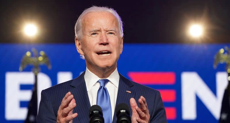 FILE PHOTO: Democratic Presidential Candidate Joe Biden speaks in Wilmington, Delaware