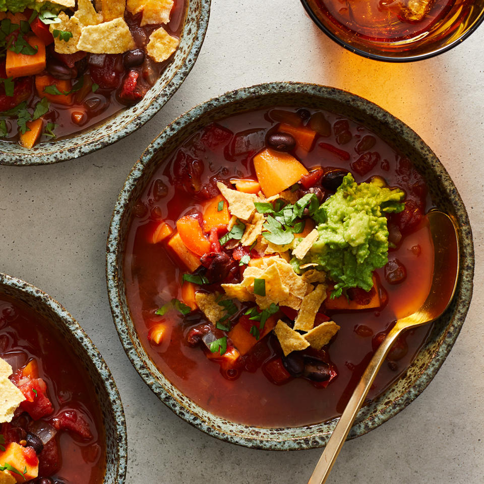 Black Bean & Sweet Potato Chili with Crunchy Tostadas & Avocado