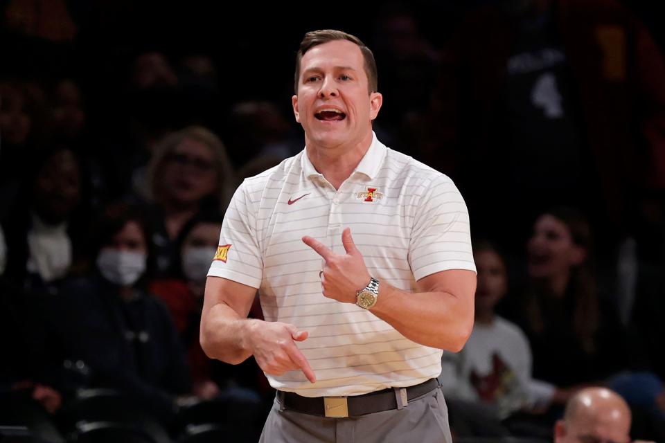 Iowa State coach T.J. Otzelberger directs his team against Memphis during a Nov. 26, 2021 game in Brooklyn, New York. Iowa State won 78-59.