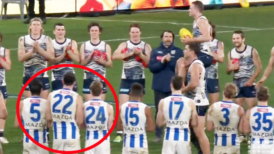 North Melbourne players, pictured here celebrating Mitch Duncan's 250th game.