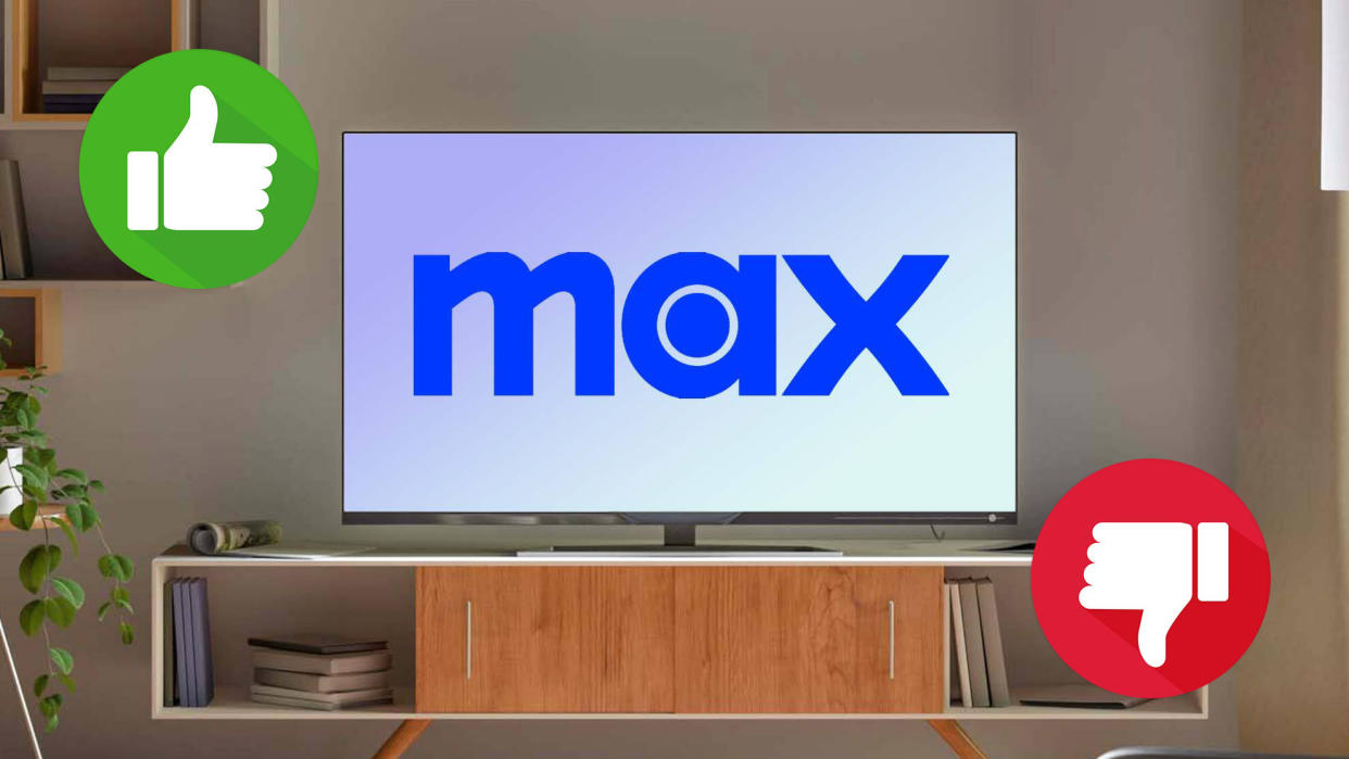  Max logo on a television set, with a thumbs up icon to the left and a thumbs down icon on the right 