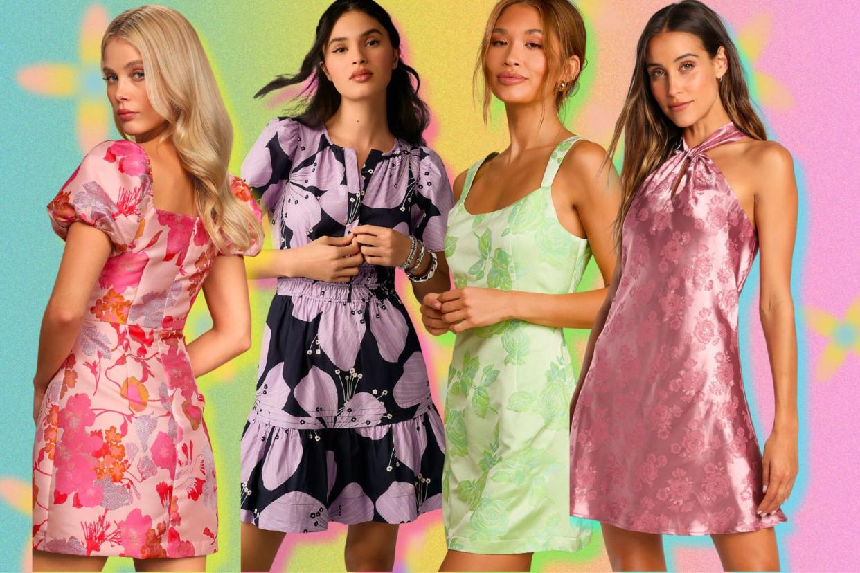 four people wearing different options for bridal shower guest dresses