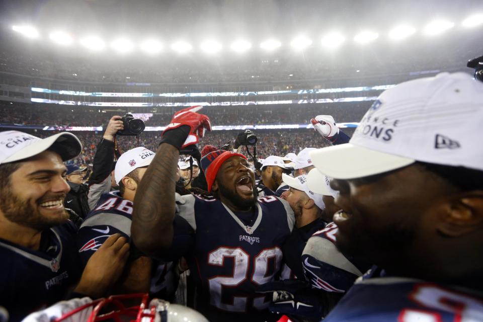 <p>New England Patriots running back LeGarrette Blount (29) celebrates with teammates after defeating the Pittsburgh Steelers in the 2017 AFC Championship Game at Gillette Stadium. Mandatory Credit: Winslow Townson-USA TODAY Sports </p>