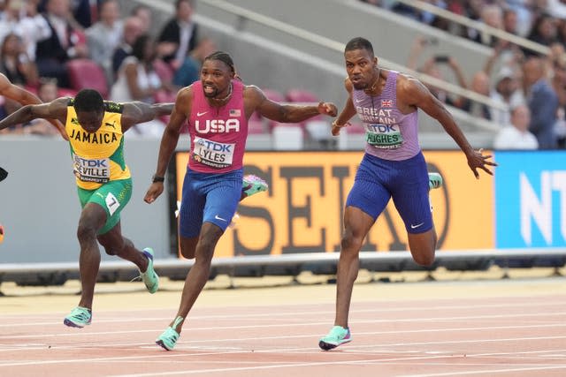 Zharnel Hughes, right, takes bronze alongside USA’s Noah Lyles who takes gold in the Men’s 100m final on day two of the World Athletics Championships at the National Athletics Centre, Budapest