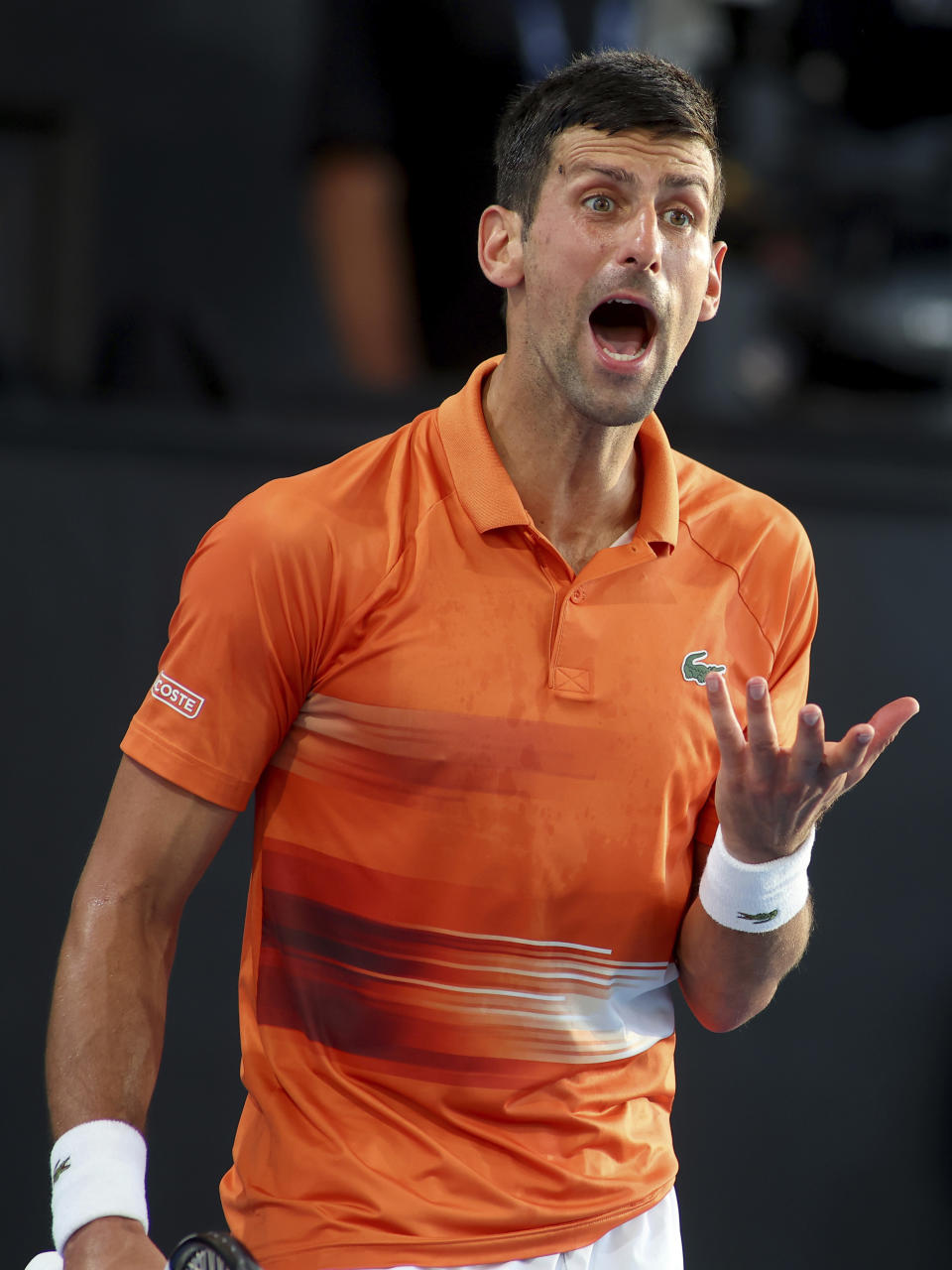 Serbia's Novak Djokovic reacts during the final of the Adelaide International tennis tournament against USA's Sebastian Korda in Adelaide, Australia, Sunday, Jan. 8, 2023. (AP Photo/Kelly Barnes)