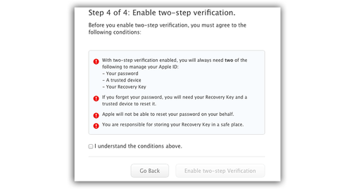 Enable two-step verification screen