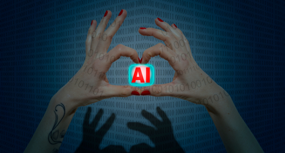 Two hands hold up an AI symbol.
