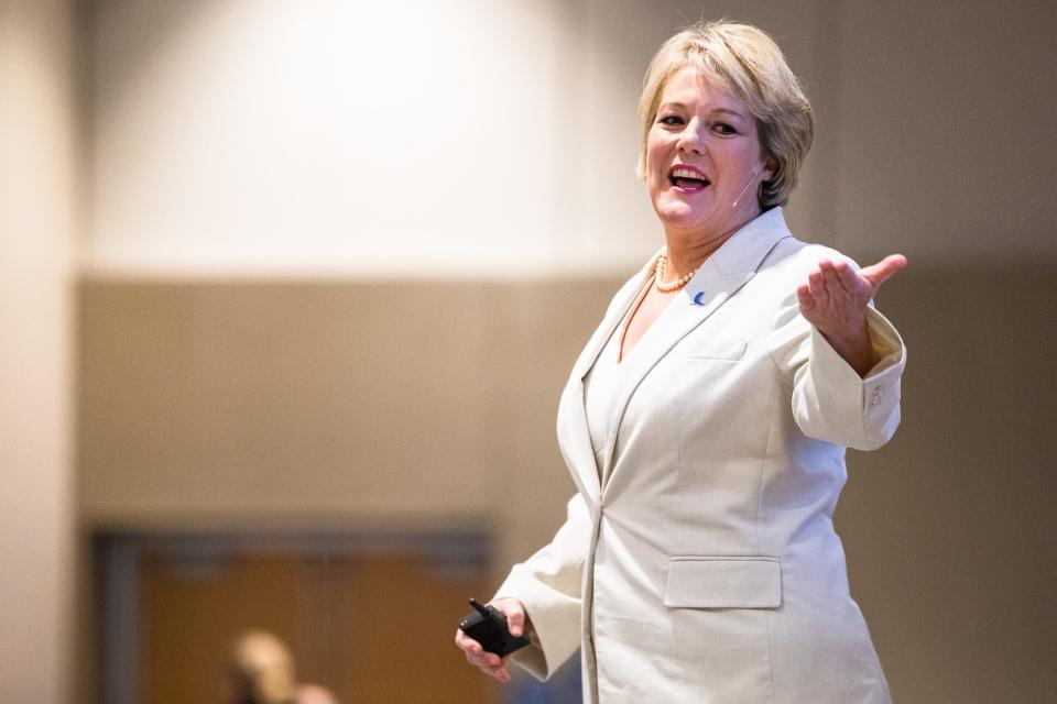 Texas A&M University-Corpus Christi President and CEO Kelly Miller delivers the State of the University address to an audience in the Anchor Ballroom on campus on Wednesday, Sept. 14, 2022, in Corpus Christi, Texas.