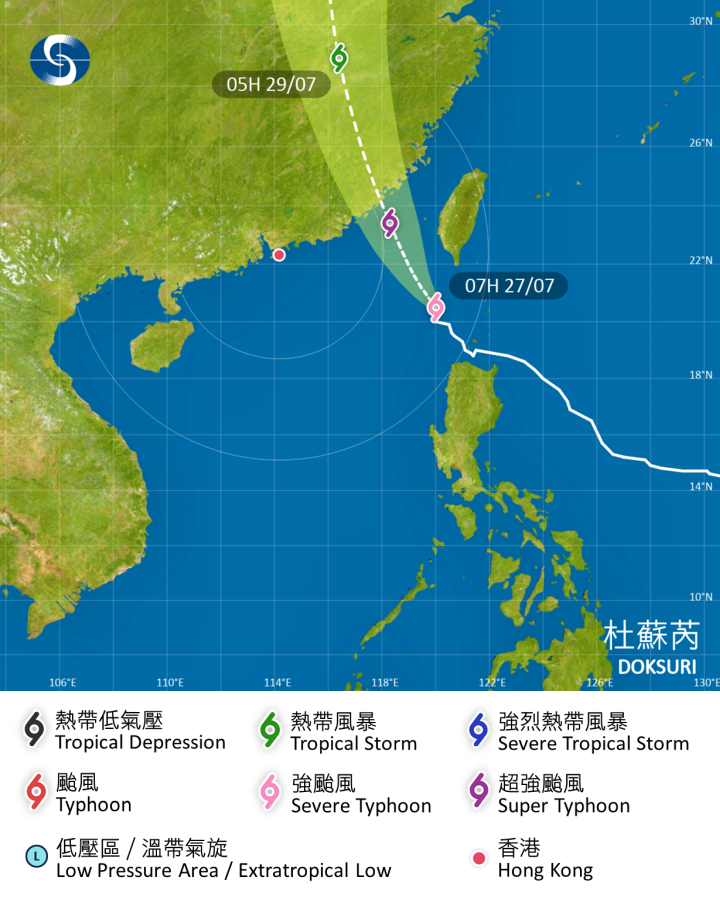 強颱風杜蘇芮，在 2023 年 7 月 27 日上午 7 時的最新資料。杜蘇芮集結在香港之東南偏東約 640 公里，中心附近最高持續風速每小時 175 公里。杜蘇芮會在今日（27 日）橫過南海東北部，大致移向廣東東部至福建南部沿岸地區。