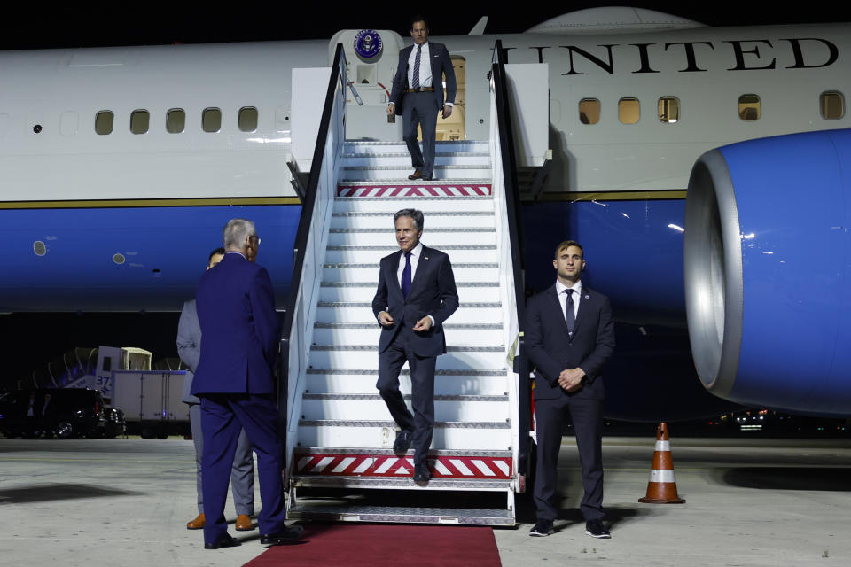 Secretary of State Antony Blinken, centre, is welcomed by Israeli Ambassador to the U.S. Mike Herzog, as he arrives at Ben Gurion Airport near Tel Aviv, Israel, Tuesday, April 30, 2024. (Evelyn Hockstein/Pool Photo via AP)