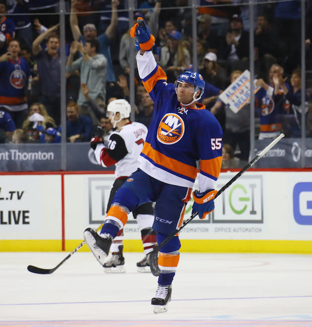 NEW YORK, NY - OCTOBER 21: Johnny Boychuk #55 of the New York Islanders celebrates his shorthanded goal at 4:24 of the third period against the Arizona Coyotes at the Barclays Center on October 21, 2016 in the Brooklyn borough of New York City. (Photo by Bruce Bennett/Getty Images)