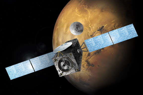 Artist's conception of the ExoMars Trace Gas Orbiter releasing a demonstration landing module above the surface of Mars.