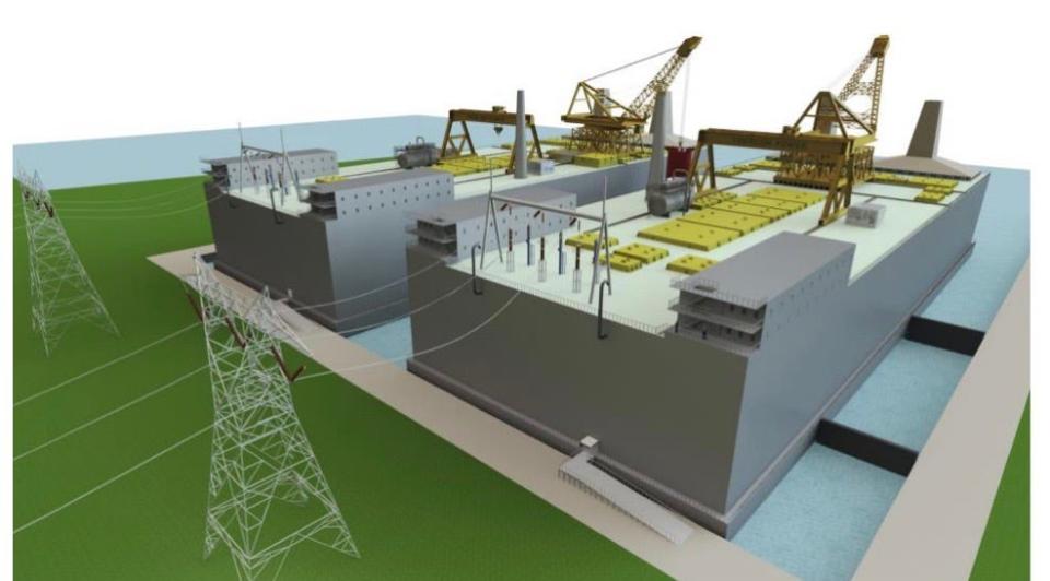 An artist’s concept of two proposed ThorCon 500-megawatt shoreside plants supplying the power grid. The plants will contain molten salt reactors based on the Oak Ridge National Laboratory invention and are expected to be in Indonesia by the end of the decade.
