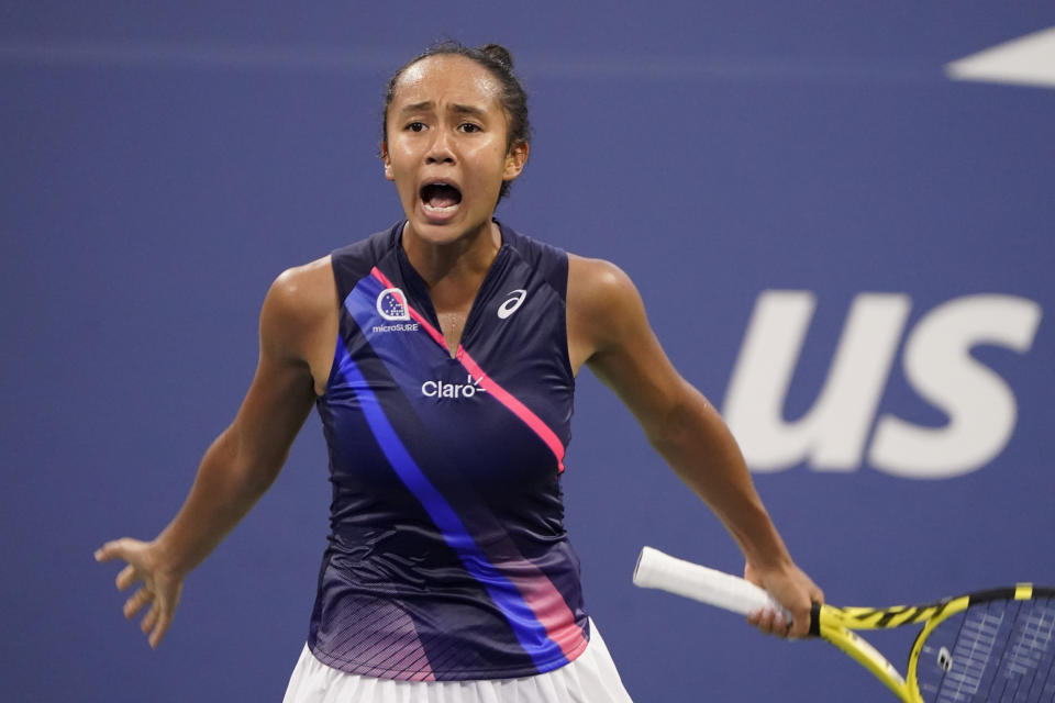 Leylah Fernandez, of Canada, reacts as she plays Angelique Kerber, of Germany, during the fourth round of the US Open tennis championships, Sunday, Sept. 5, 2021, in New York. (AP Photo/John Minchillo)