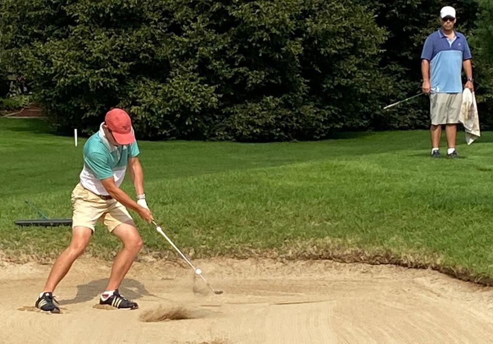 Bazil Furry blasts from the sand at the par-3 ninth on Knollwood's East Course during the second round of the 97th Greater South Bend Men's Metro Golf Championships July 18, 2021. Furry is looking to repeat as champion this month.