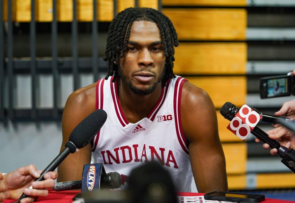 Indiana’s Mackenzie Mgbako talks to the media during the Indiana University basketball media day at Simon Skjodt Assembly Hall on Wednesday, Sept. 20, 2023.