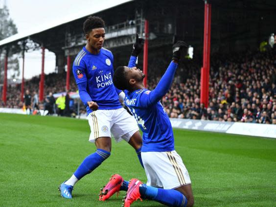 Iheanacho celebrates putting Leicester ahead at Brentford (REUTERS)