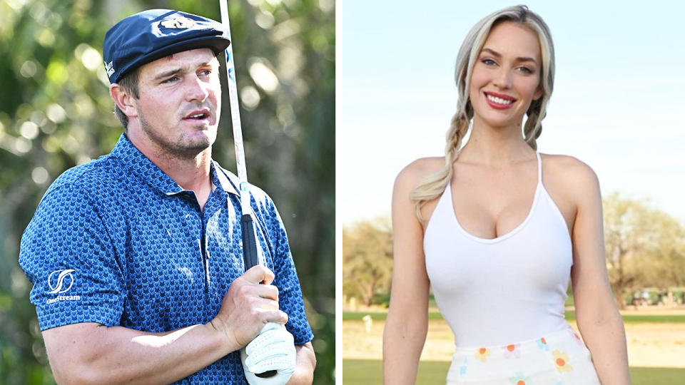 Insta star Paige Spiranac (pictured right) smiling at a golf course and golfer Bryson DeChambeau (pictured) after a shot.