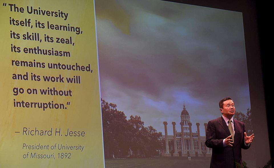 University of Missouri System President Mun Choi gives his State of the University 2022 address on Tuesday at Jesse Auditorium.