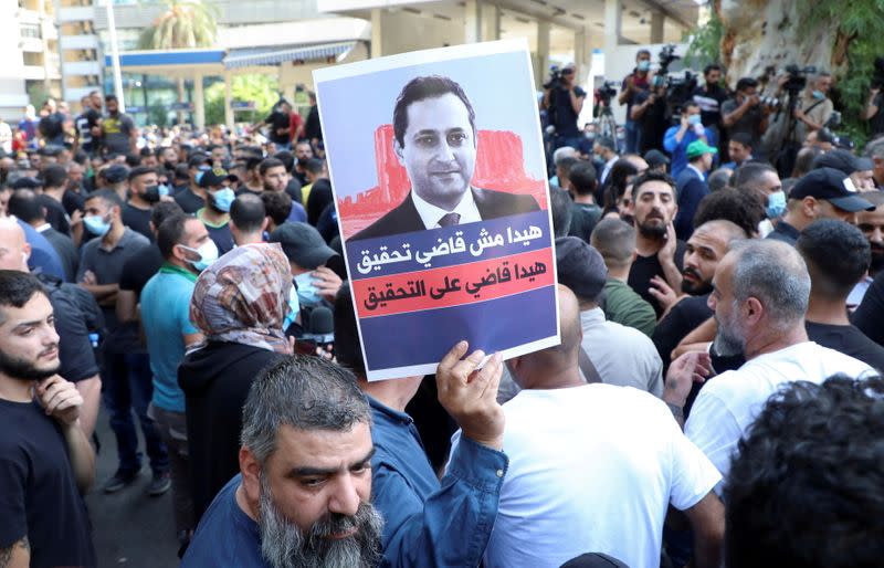 FILE PHOTO: A protest against the lead judge of the Beirut port blast investigation, in Beirut