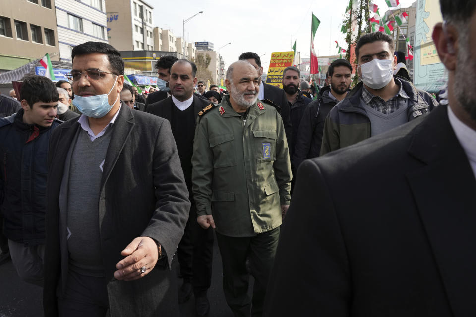 Chief of Iran's Revolutionary Guard Hossein Salami, center, takes part in the annual rally commemorating Iran's 1979 Islamic Revolution, in Tehran, Iran, Saturday, Feb. 11, 2023. Iran on Saturday celebrated the 44th anniversary of the 1979 Islamic Revolution amid nationwide anti-government protests and heightened tensions with the West. (AP Photo/Vahid Salemi)