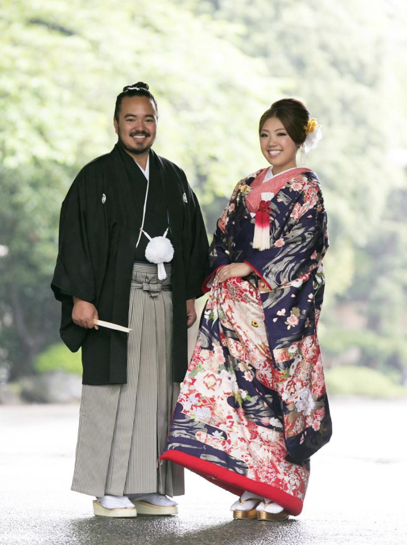 Adam Liaw and his wife Asami Fujitsuka wear traditional Japanese dress on their wedding day in 2012.