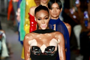 Winnie Harlow walks the runway at the Laquan Smith fashion show during September 2022 New York Fashion Week.