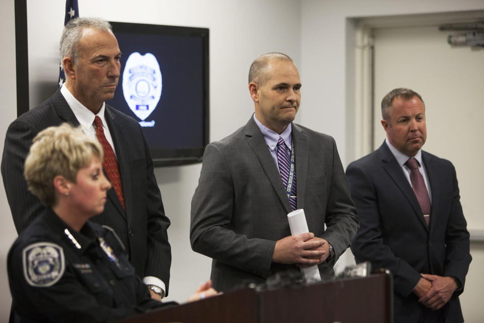 North Las Vegas Police Department Chief Pamela Ojeda, from left, District Attorney Steve Wolfson, Detective Steven Wiese and Detective Sean Sprague discuss new discoveries in the case of the disappearance of the 3-year-old Francillon Pierre, who vanished in 1986, at the North Las Vegas Detective Bureau in North Las Vegas, Monday, Feb. 11, 2019. (Rachel Aston/Las Vegas Review-Journal via AP)
