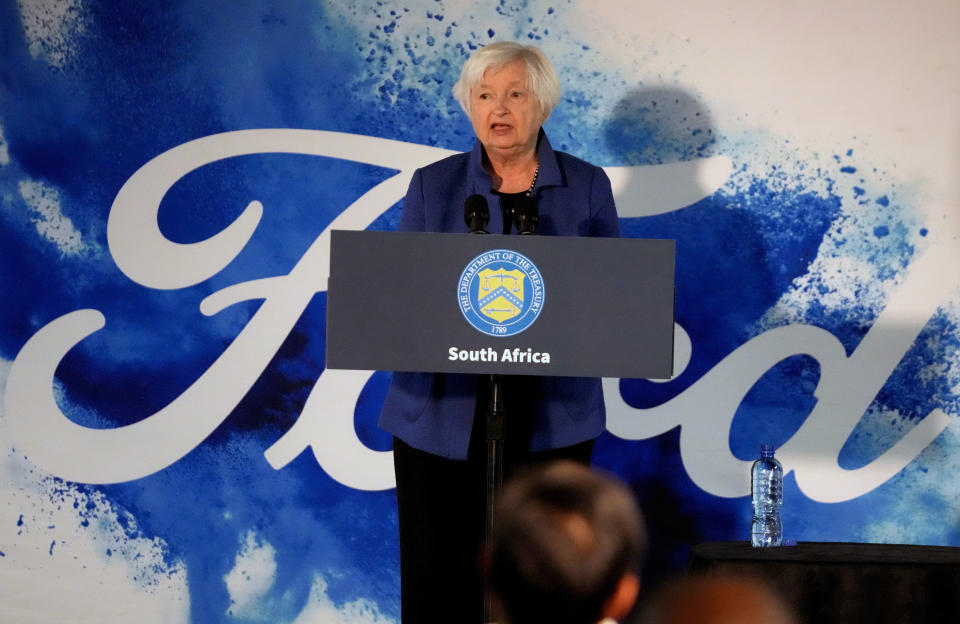 U.S. Treasury Secretary Janet Yellen addresses the media after visiting the Ford Assembling Plant in Pretoria, South Africa, Thursday, Jan. 26, 2023. (AP Photo/Themba Hadebe)