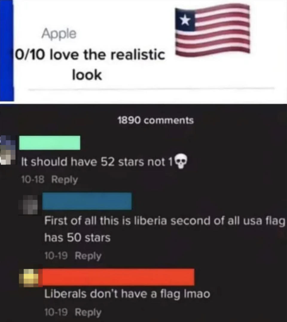 liberian flag with someone saying it should have 52 stars, then another replying it's the liberian flag and that the us flag has 50 stars, and another person saying liberals don't have a flag