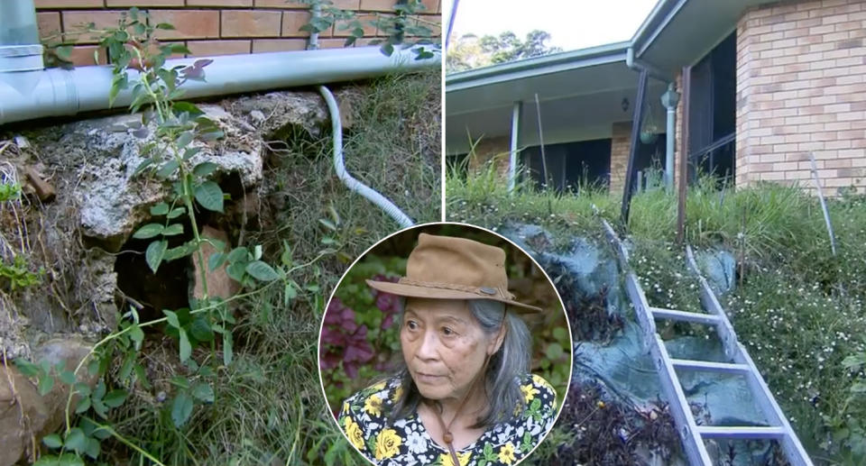 Kim's home where it has shifted two metres and the small piece of land holding it up. Kim is circle inset. 