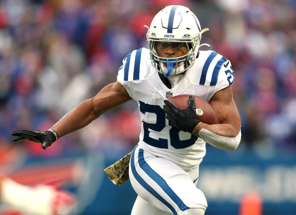 Jonathan Taylor is locked in as the top-ranked fantasy football running back for next season. (Photo by Joshua Bessex/Getty Images)