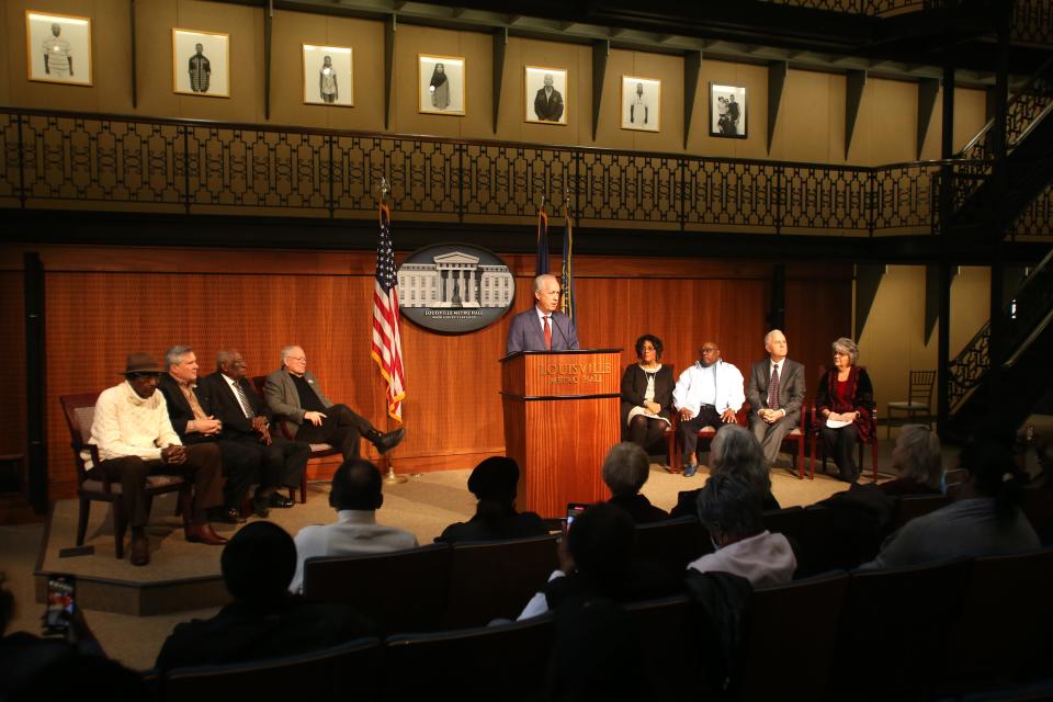 Mayor Greg Fischer talked at the ceremony for the Louisville Black Six at Metro Hall . A group of business people and activists falsely accused in 1968 of plotting to destroy buildings in the West End. Dec. 31, 2022