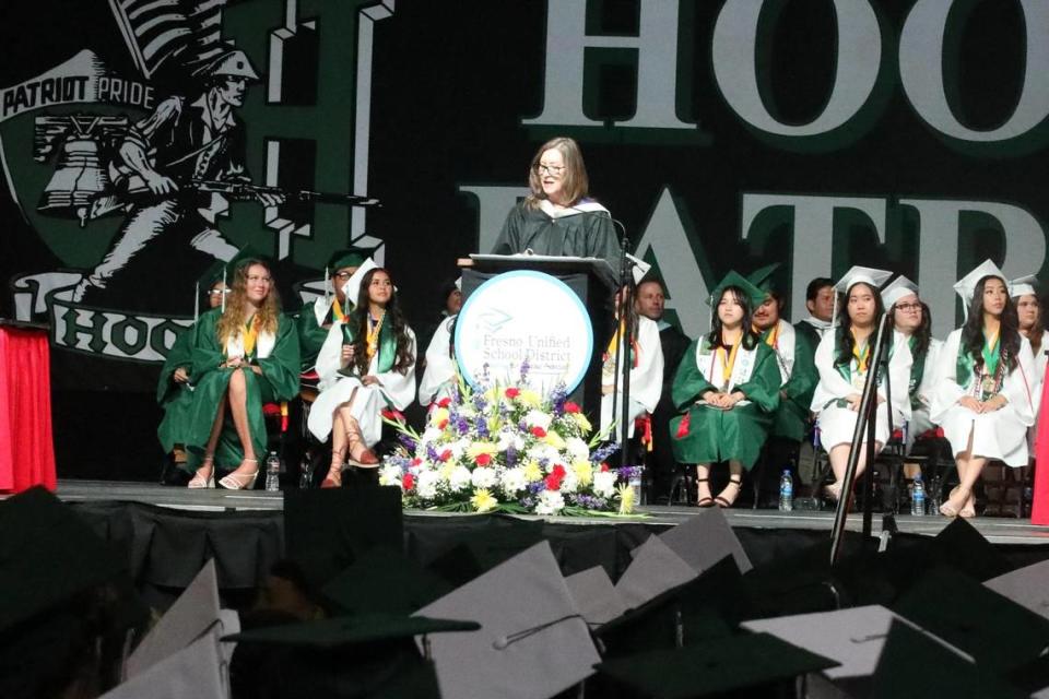 Principal Rebecca Wheeler during her address at the Hoover High graduation ceremony held at the Save Mart Center on June 6, 2023.