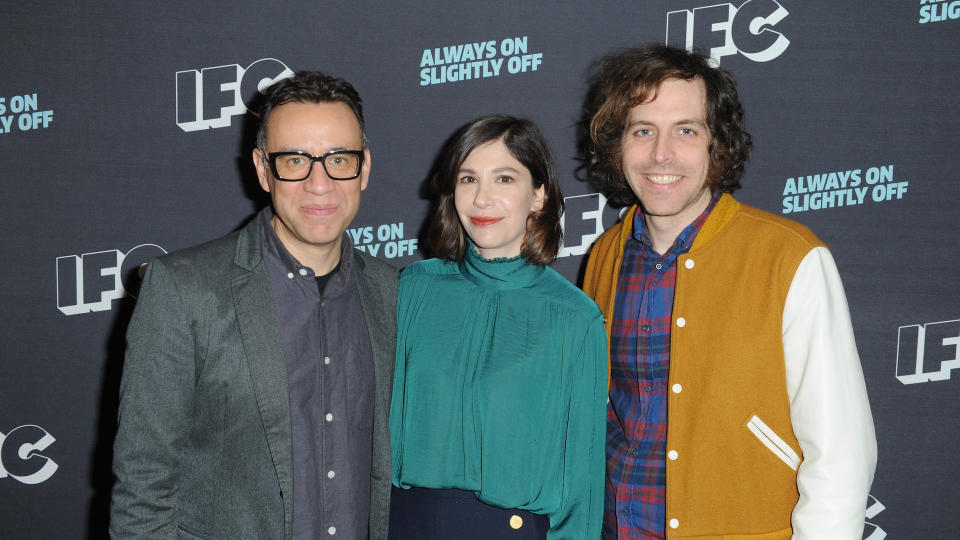 Jonathan Krisel (right) with “Portlandia” stars Fred Armisen and Carrie Brownstein - Credit: Joshua Blanchard/Getty Images