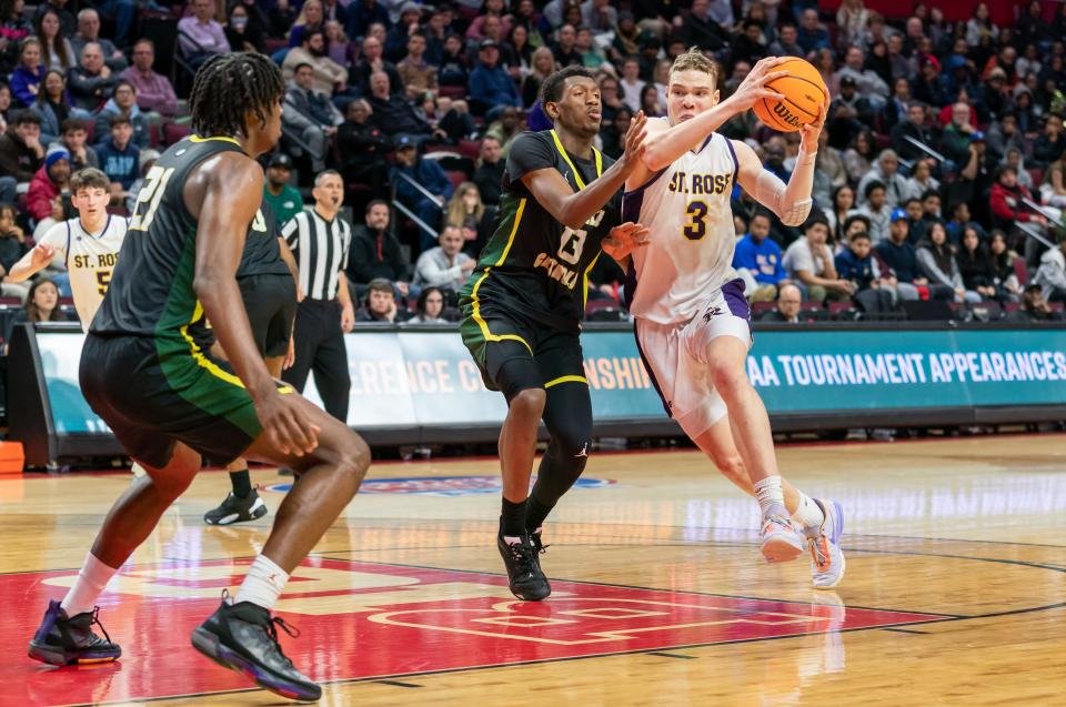 St. Rose's Matt Hodge drives against Roselle Catholic in the NJSIAA Non-Public B championship game at Jersey Mike's Arena in Piscataway on March 3, 2023.