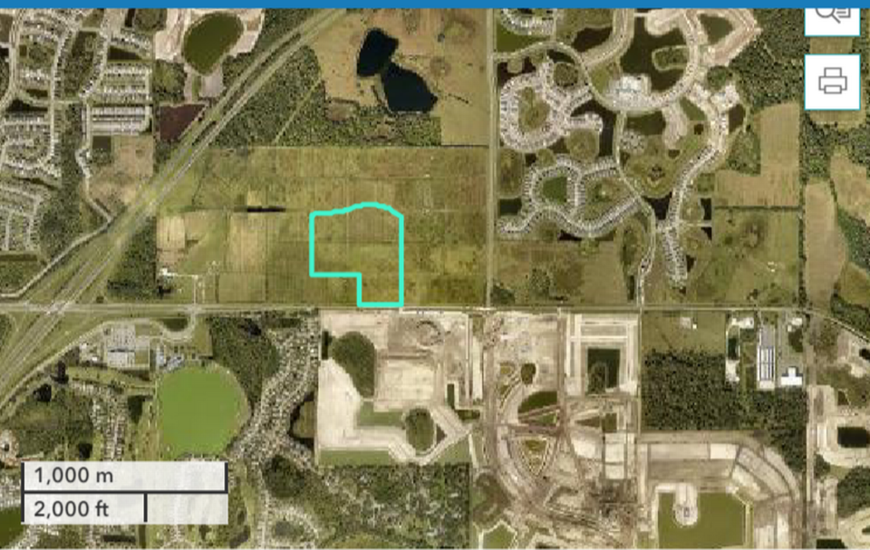 The 40-acre site where The Carlton at Robinson Gateway will be constructed is shown in the blue-green outline north of Moccasin Wallow Road. Interstate 75 is shown at left.
