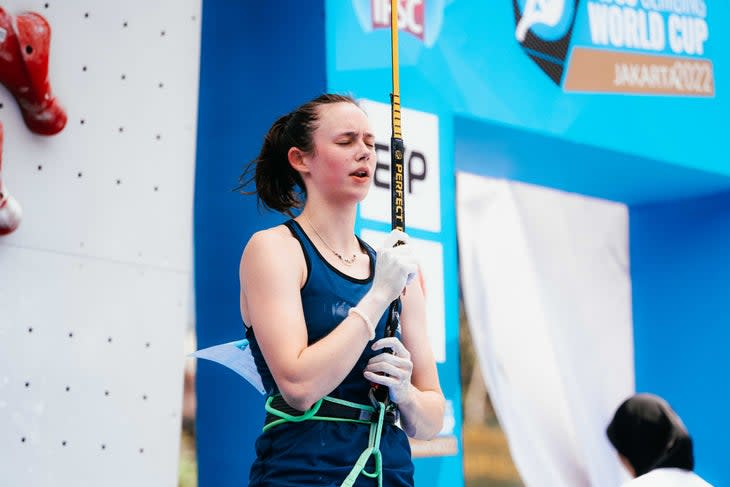 <span class="article__caption">Emma Hunt during the Speed qualification in Jakarta.</span> Hunt broke the American women’s speed record several times this year. (Photo: Lena Drapella/IFSC)