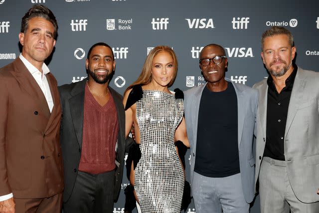 <p>Monica Schipper/Getty</p> (Left-right:) Bobby Cannavale, Jharrel Jerome, Jennifer Lopez, Don Cheadle and Matt Damon at the 'Unstoppable' premiere on Sept. 6