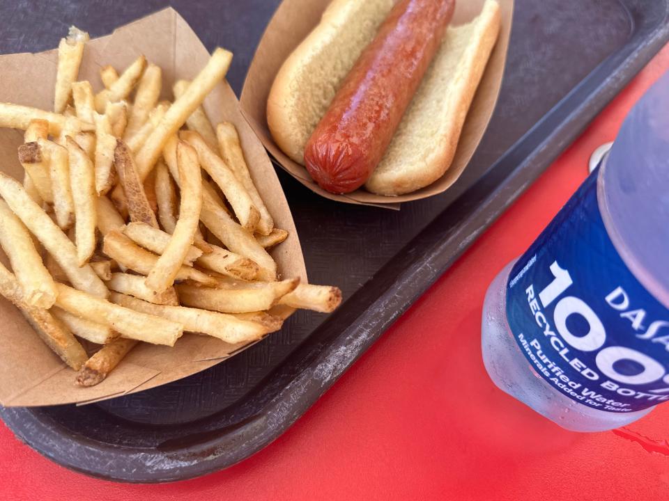 hot dog french fries and bottle of water from casey's corner at disney world