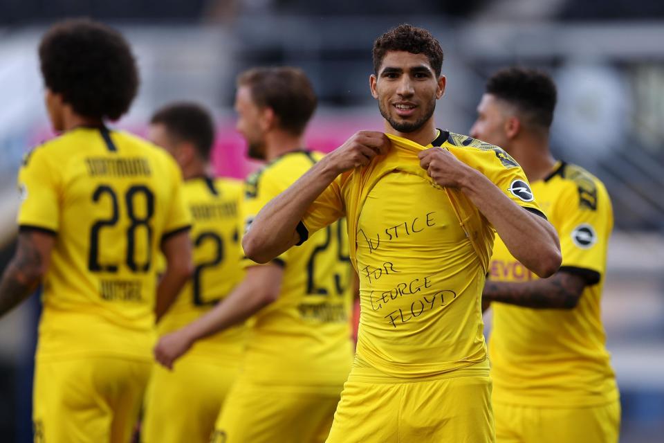 Sancho's Dortmund team-mate Achraf Hakimi unveiled the same message after scoring (Getty Images)