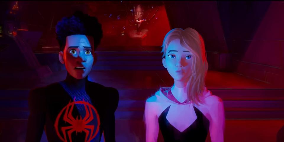 Miles Morales/Spider-Man (voiced by Shameik Moore) and Gwen Stacy/Spider-Woman (voiced by Hailee Steinfeld) in "Spider-Man: Across the Spider-Verse."