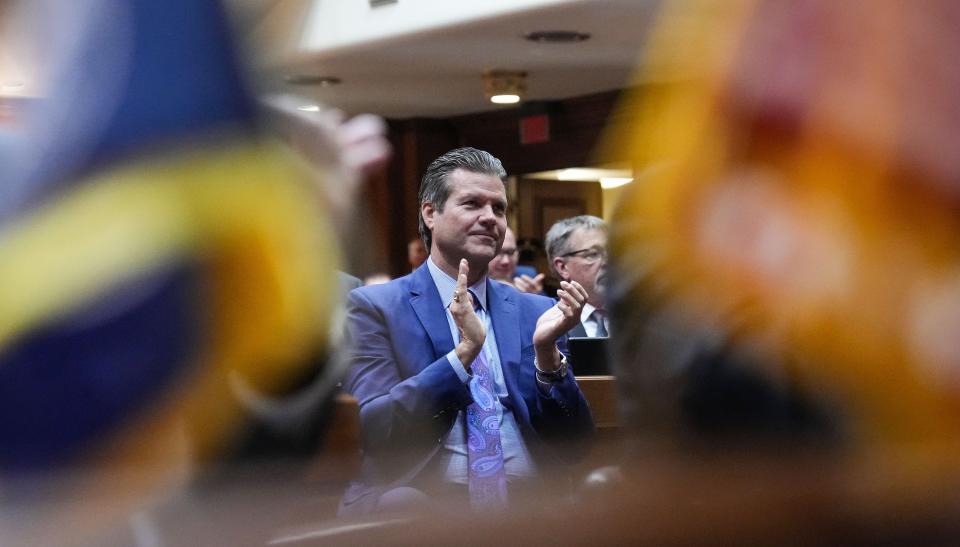 Sen. Ryan Mishler, R-Mishawaka, claps his hands Tuesday, Jan. 9, 2024, during the State of the State address at the Indiana Statehouse in Indianapolis.