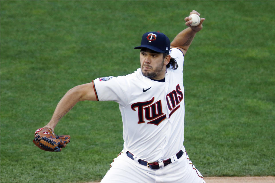 Minnesota Twins pitcher Lewis Thorpe throws against the Pittsburgh Pirates in the first inning of a baseball game Monday, Aug. 3, 2020, in Minneapolis. (AP Photo/Jim Mone)